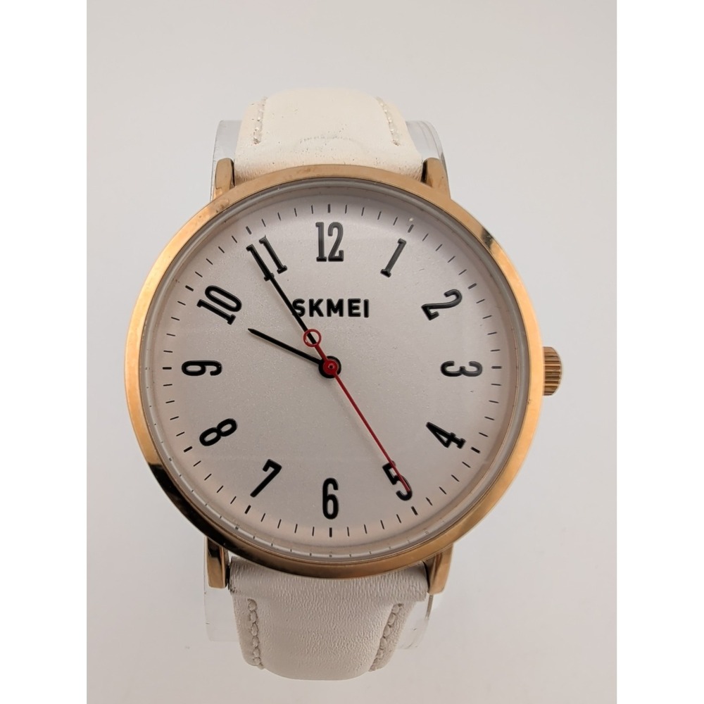 Skmei Women's Watch 36mm Rose Gold Case White Leather Band- New Battery